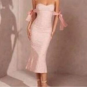 Strapless Pink Midi Dress with Bow Sleeve Detail